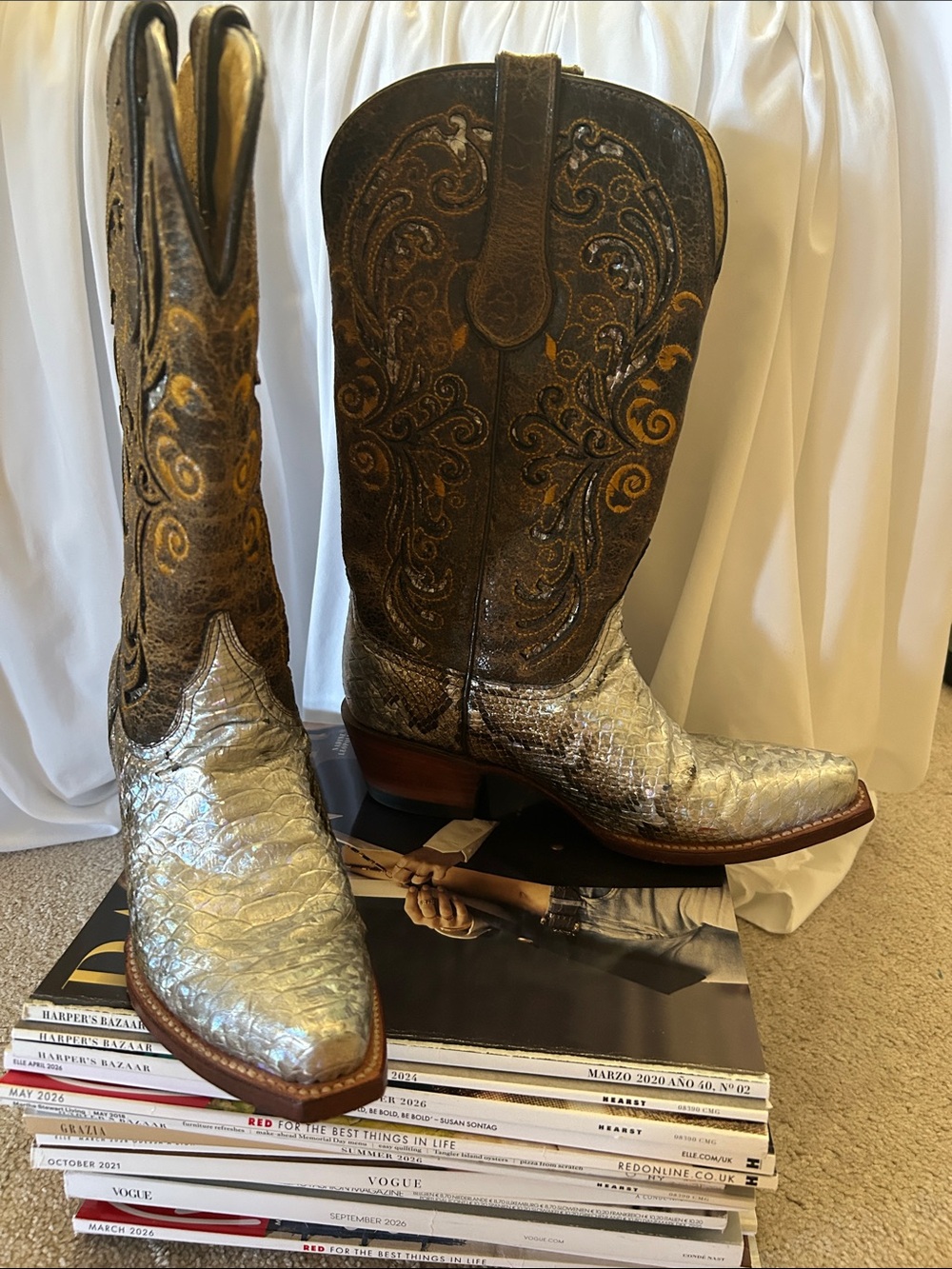Ladies Snip Toe Western Cowboy Boots Ferrini Silver/Brown Distressed Leather